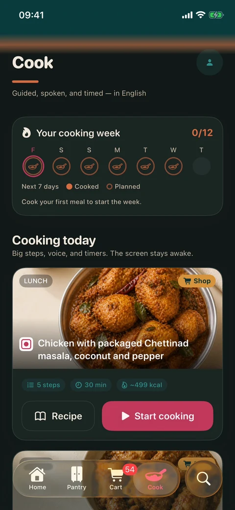 The cook screen: today's meals listed with a Recipe button beside each one.