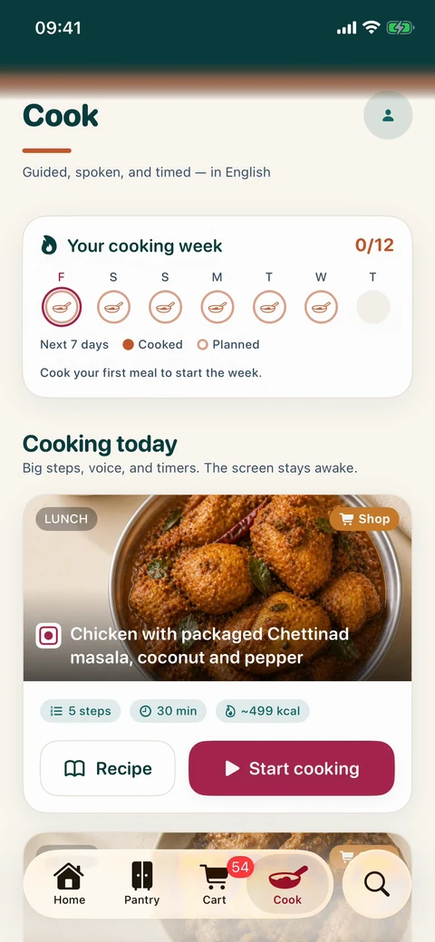 The cook screen: today's meals listed with a Recipe button beside each one.
