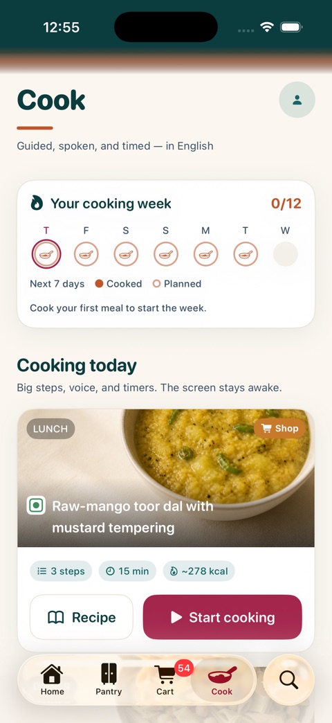 The cook screen: today's meals listed with a Recipe button beside each one.