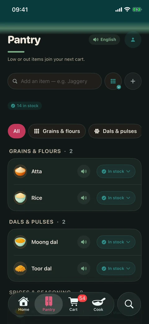 The pantry screen: items grouped by category, each with an in-stock control and a button to hear its name spoken.