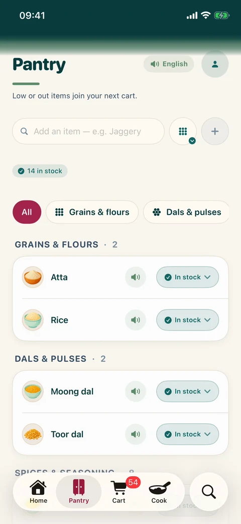 The pantry screen: items grouped by category, each with an in-stock control and a button to hear its name spoken.
