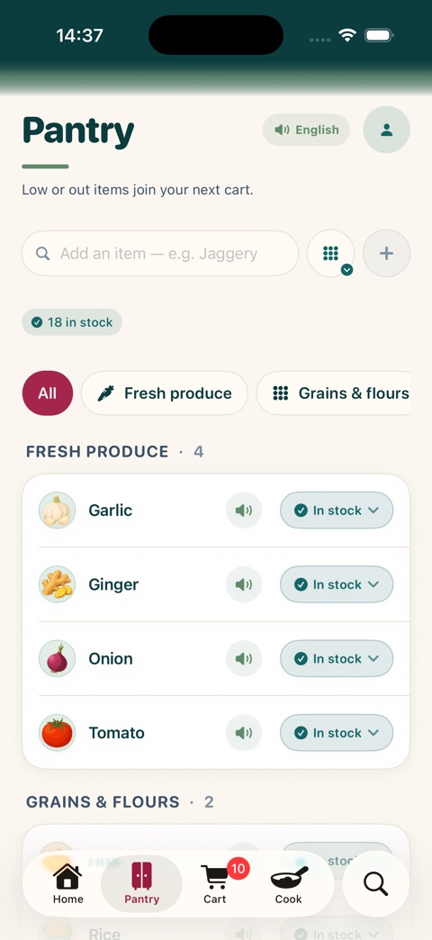 The pantry screen: items grouped by category, each with an in-stock control and a button to hear its name spoken.