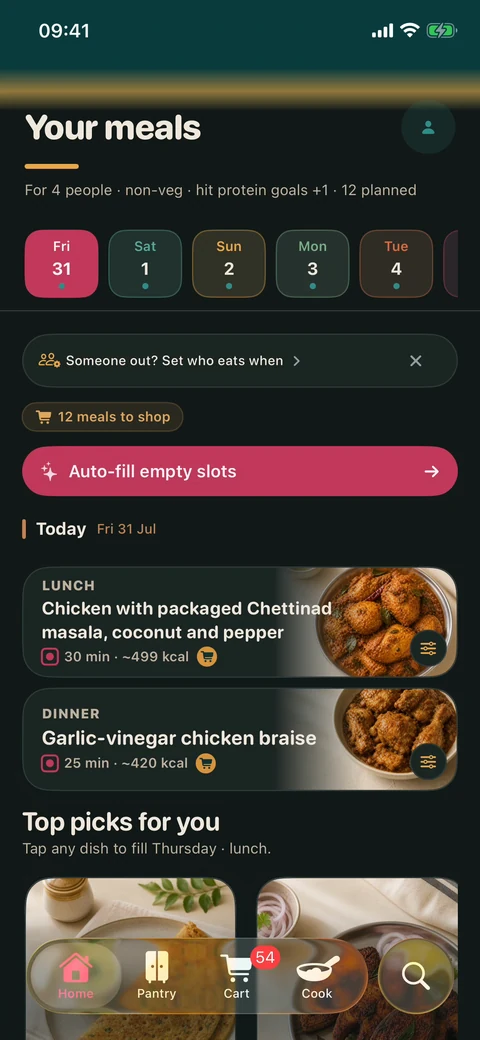 The plan screen: a week of days across the top, with the meals chosen for today and tomorrow beneath them.