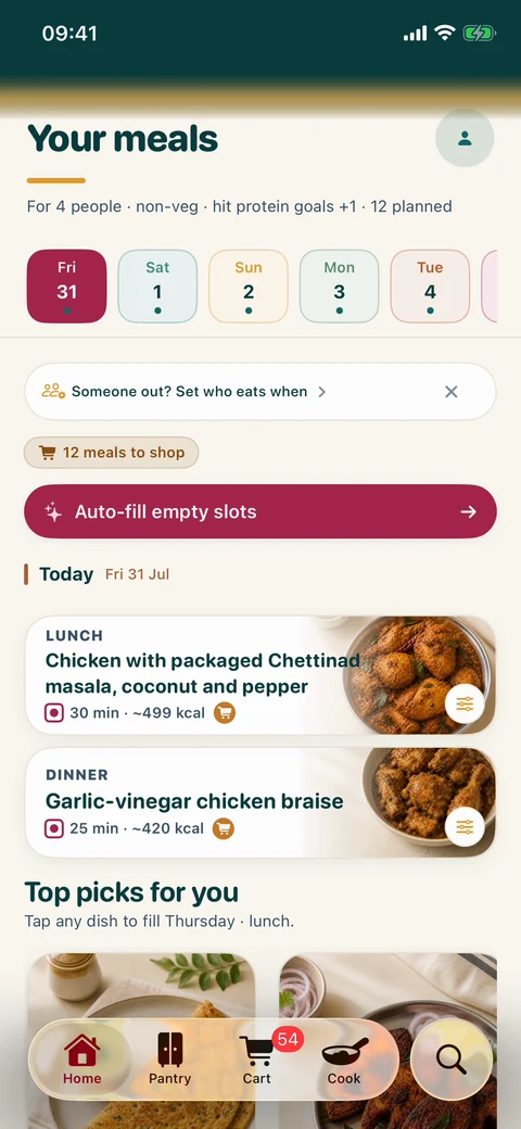 The plan screen: a week of days across the top, with the meals chosen for today and tomorrow beneath them.