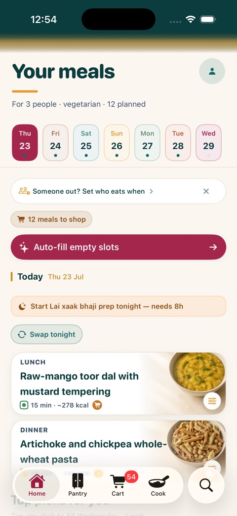 The plan screen: a week of days across the top, with the meals chosen for today and tomorrow beneath them.