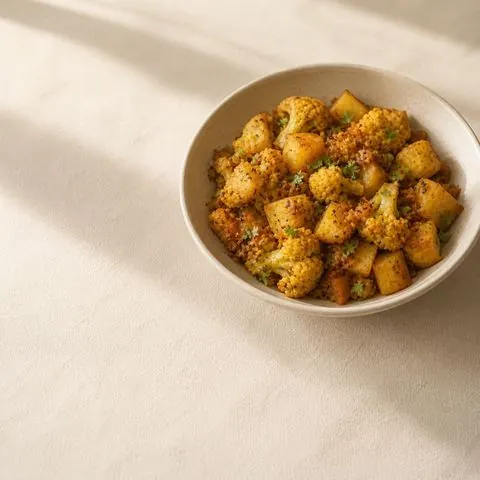 Aloo gobi — potato and cauliflower sabzi, photographed from above in a steel bowl