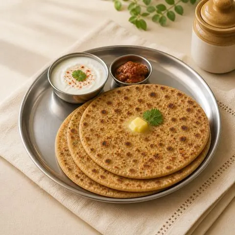 Aloo paratha — potato-stuffed griddle flatbread, photographed from above in a steel bowl