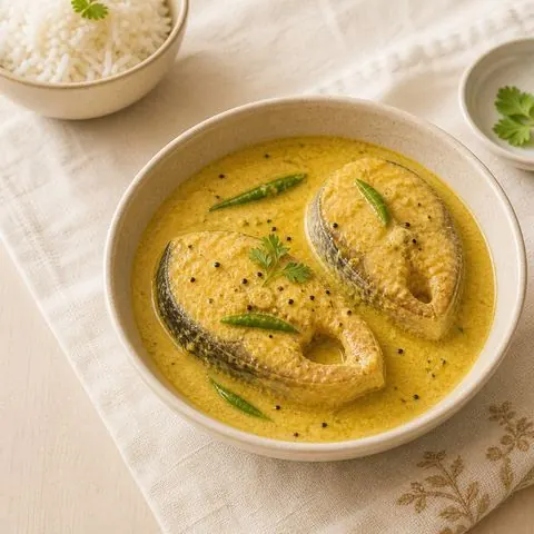 Bengali doi rohu — river fish in a spiced yogurt curry, photographed from above in a steel bowl