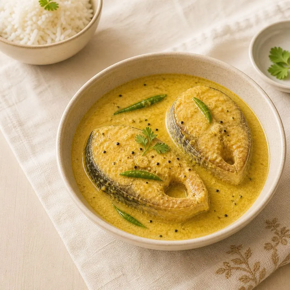 Bengali doi rohu — river fish in a spiced yogurt curry, photographed from above in a steel bowl