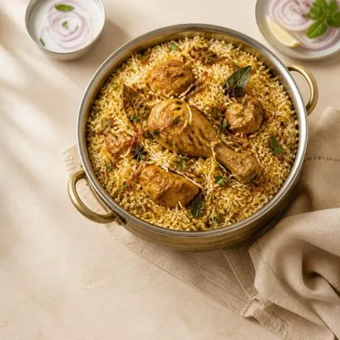 Chicken biryani — layered spiced chicken and rice, photographed from above in a steel bowl