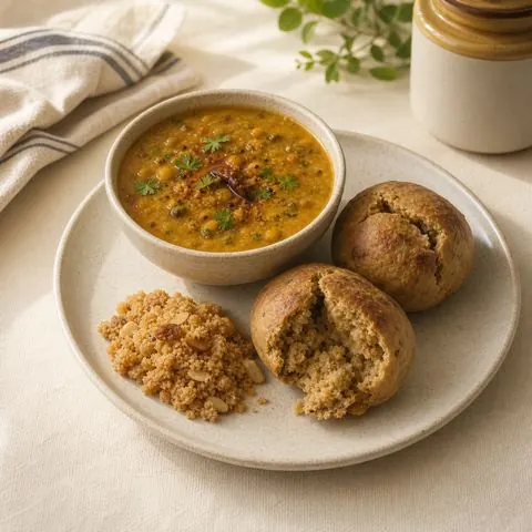 Dal baati churma — lentil curry with baked wheat dumplings and sweet crumb, photographed from above in a steel bowl