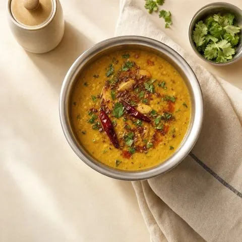 Dal tadka — tempered yellow lentils, photographed from above in a steel bowl