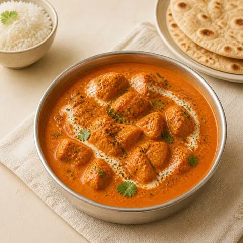Delhi-style home butter chicken, photographed from above in a steel bowl