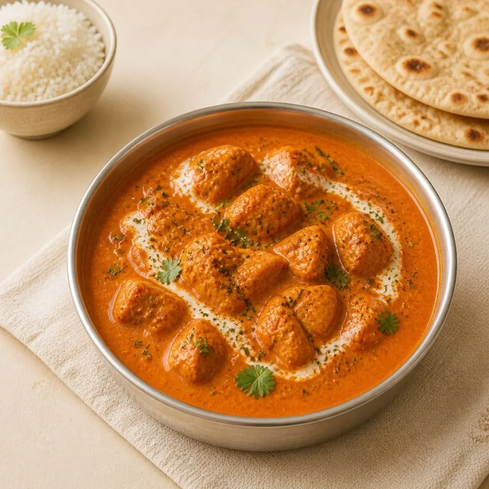 Delhi-style home butter chicken, photographed from above in a steel bowl