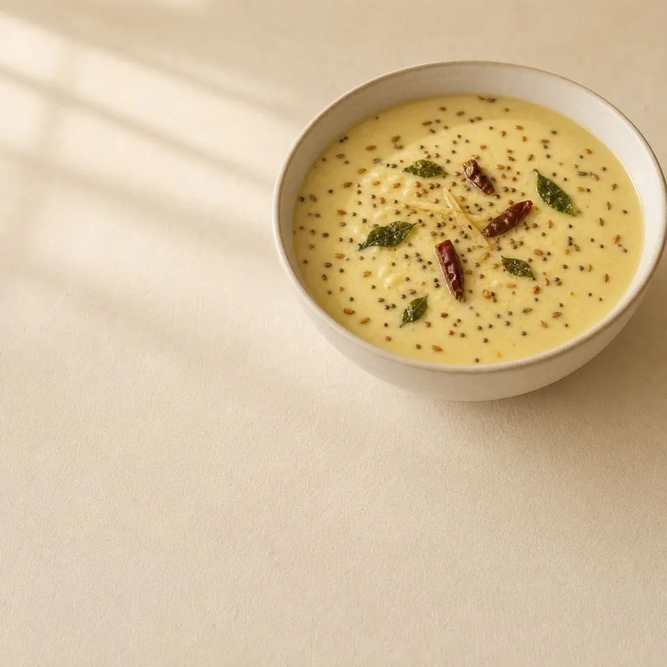 Gujarati kadhi — sweet-tart yogurt and besan curry, photographed from above in a steel bowl