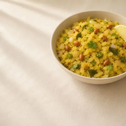 Kanda poha — Maharashtrian onion poha, photographed from above in a steel bowl