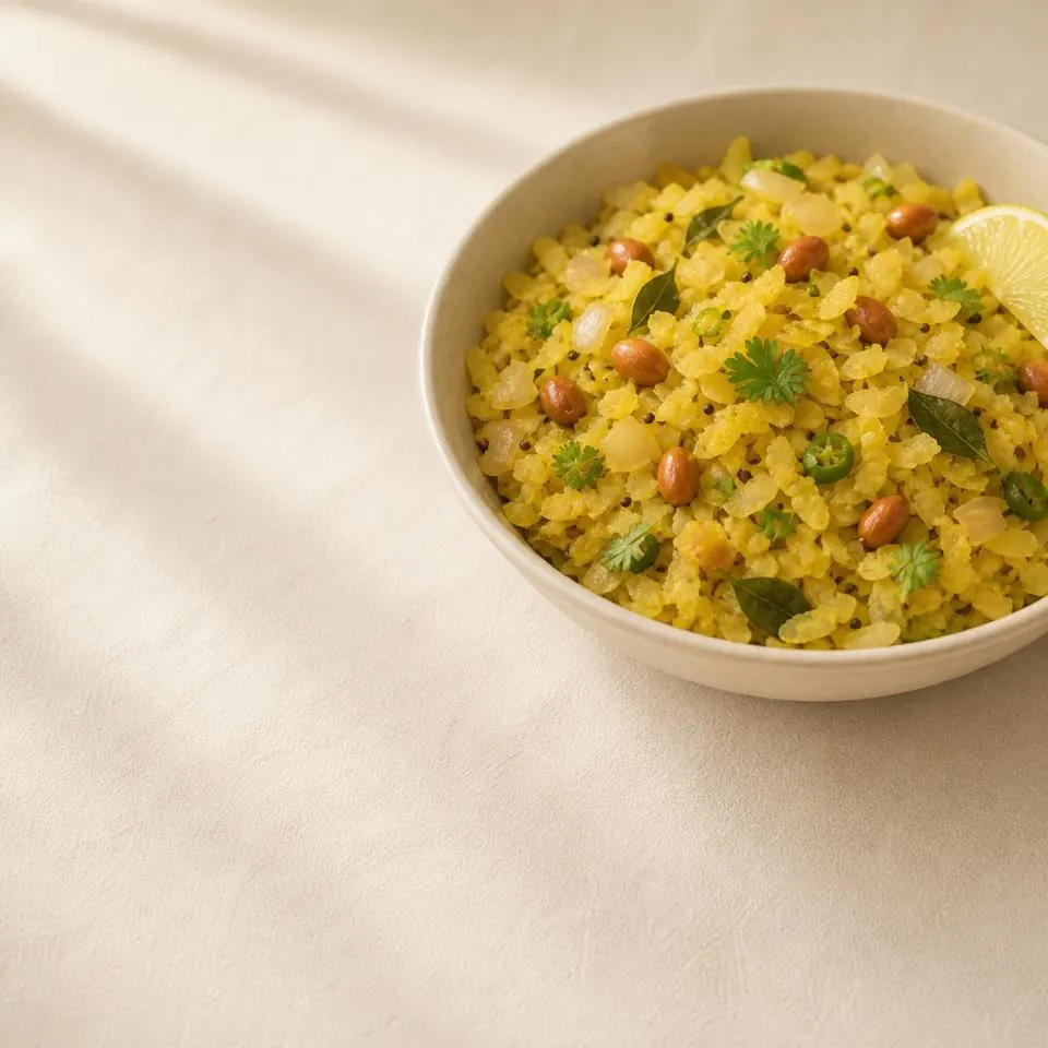 Kanda poha — Maharashtrian onion poha, photographed from above in a steel bowl