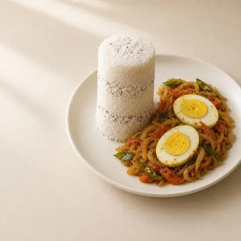 Kerala puttu with egg masala — steamed rice-flour and coconut puttu with dry egg masala, photographed from above in a steel bowl