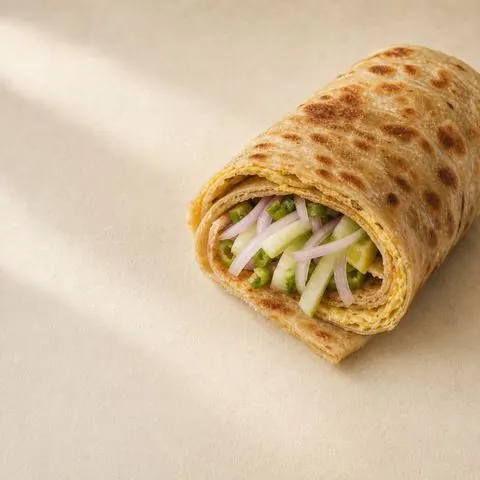Kolkata egg roll — egg-layered paratha roll with fresh onion and cucumber, photographed from above in a steel bowl