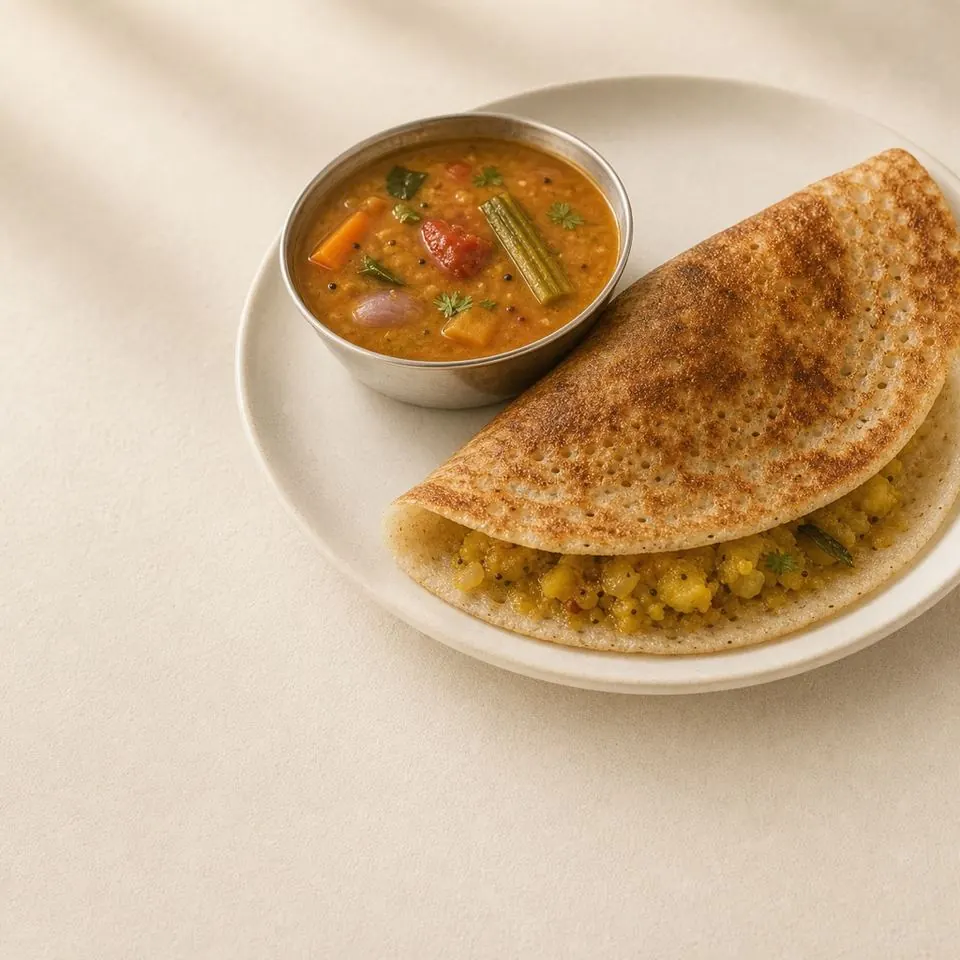 Masala dosa with sambar — potato-filled dosa with lentil-vegetable stew, photographed from above in a steel bowl