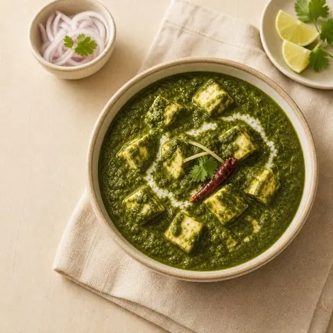 Palak paneer — cottage cheese in spinach gravy, photographed from above in a steel bowl