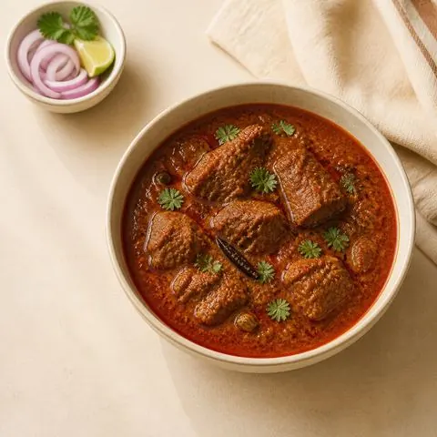 Pressure-cooker mutton rogan josh — aromatic Kashmiri mutton curry, photographed from above in a steel bowl