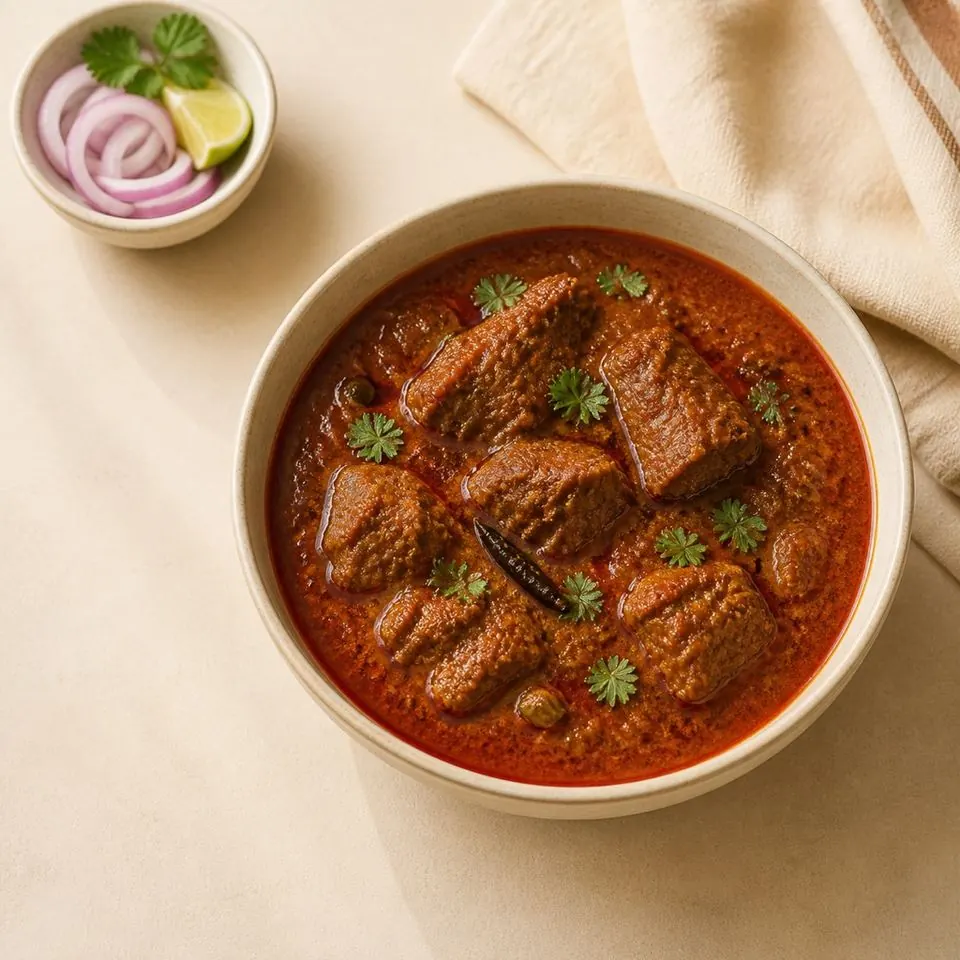 Pressure-cooker mutton rogan josh — aromatic Kashmiri mutton curry, photographed from above in a steel bowl