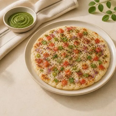 Rava uttapam — thick semolina rice pancake, photographed from above in a steel bowl