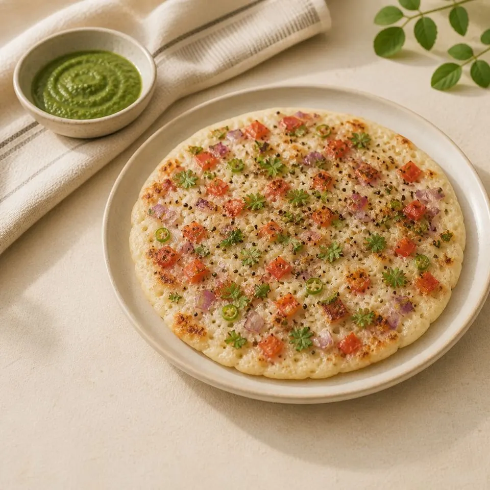 Rava uttapam — thick semolina rice pancake, photographed from above in a steel bowl