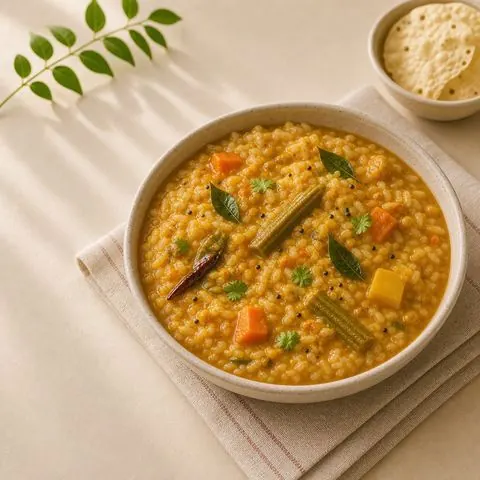 Sambar rice — lentil-stew rice, photographed from above in a steel bowl