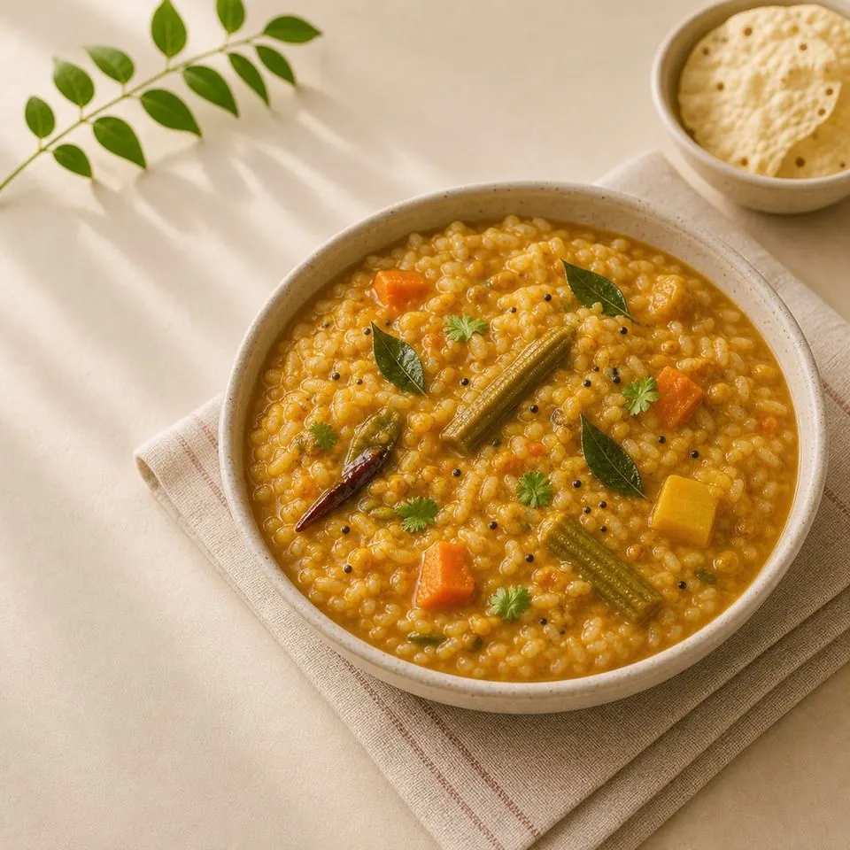 Sambar rice — lentil-stew rice, photographed from above in a steel bowl